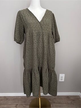 100% cotton V-Neck Eyelet Midi Dress in Olive earthy neutral summer pockets